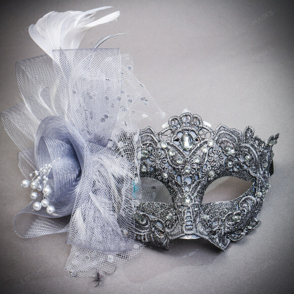 ILOVEMASKS Accessories - Flower Feather Mask Venetian Mardi Gras Masquerade - Silver